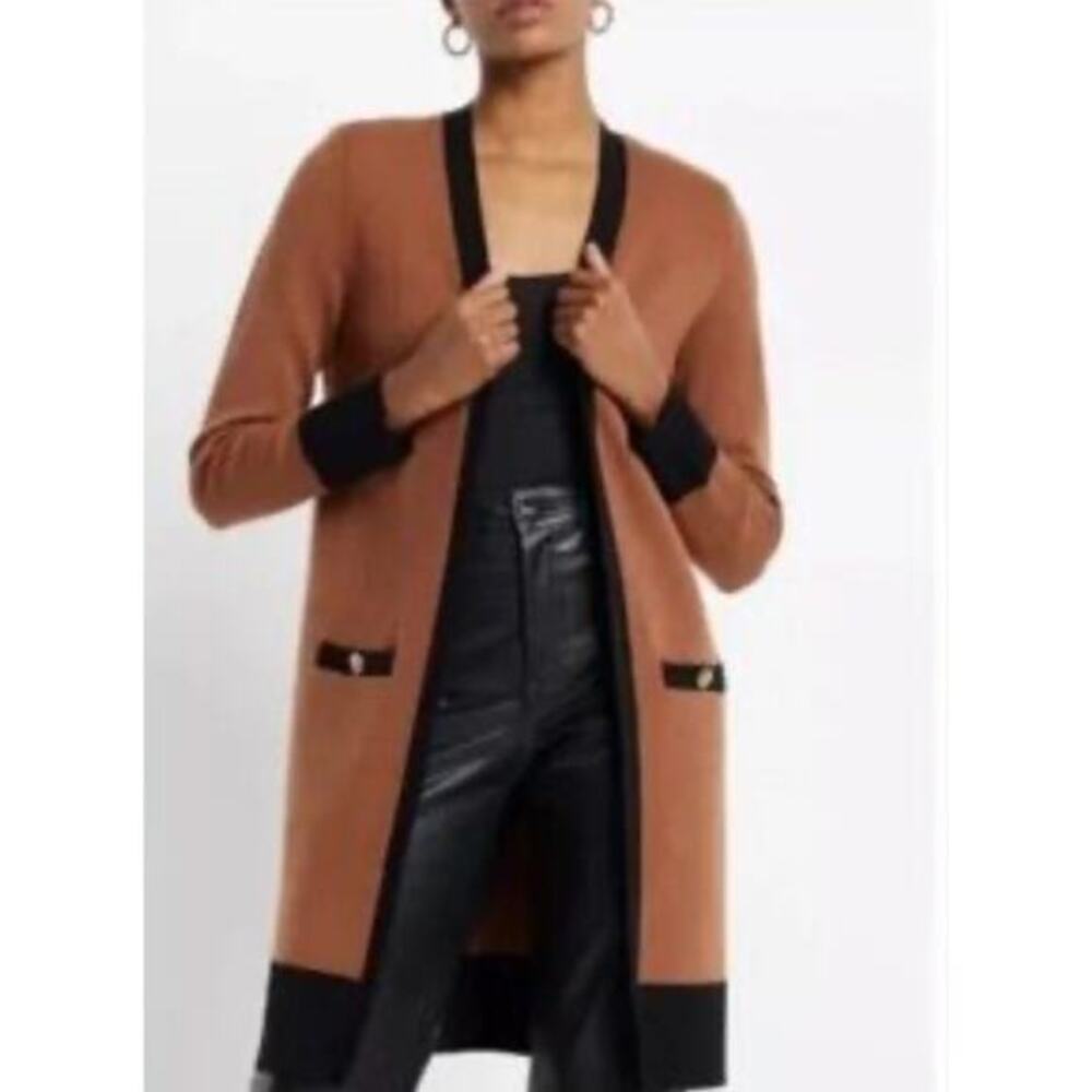 PHILOSOPHY Cardigan Open Front Long‎ Line Knit Pockets Black Trim Gold Hardware